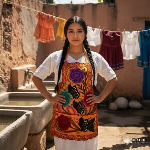 Mexican Embroidered Bib Apron for Women – Multicolor with Floral Design